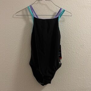 Speedo Black One Piece Swimsuit with Purple and Teal Accents
